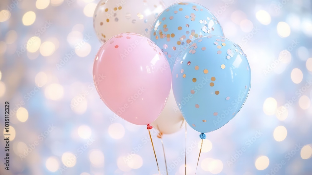 whimsical gender reveal party scene with pastel pink and blue balloons floating amidst sparkling confetti. soft focus background with bokeh lights for a dreamy atmosphere. whimsical gender reveal party scene with pastel pink and blue balloons floating amidst sparkling confetti. soft focus background with bokeh lights for a dreamy atmosphere.