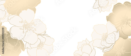 Luxury floral white background with golden flowers in line art style. Vector for card, banner, wedding invitation, cover, wallpaper, packaging, advertising