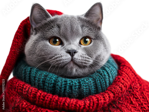 Close-up of a British Shorthair cat wearing a red knitted hat and wrapped in a cozy green sweater, isolated on a transparent background, cute festive holiday pet portrait in warm Christmas clothing