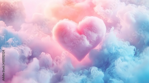 whimsical heart-shaped cotton candy clouds in soft pastel hues floating against a dreamy pastel background. fluffy textures and delicate wisps evoke a sense of sweetness and romance.