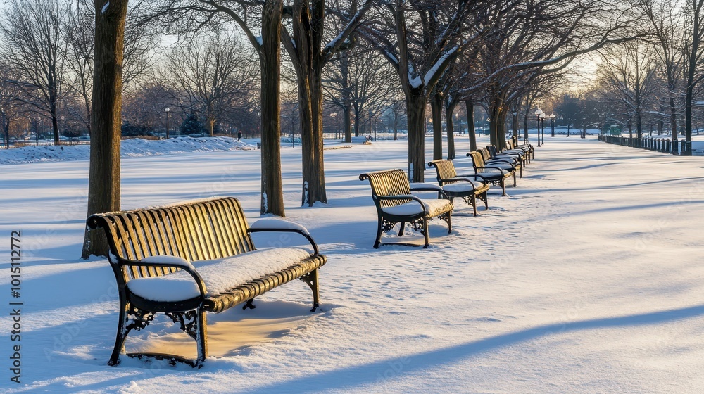 Peaceful Winter Park with Snow-Covered Benches