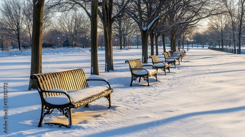 Peaceful Winter Park with Snow-Covered Benches