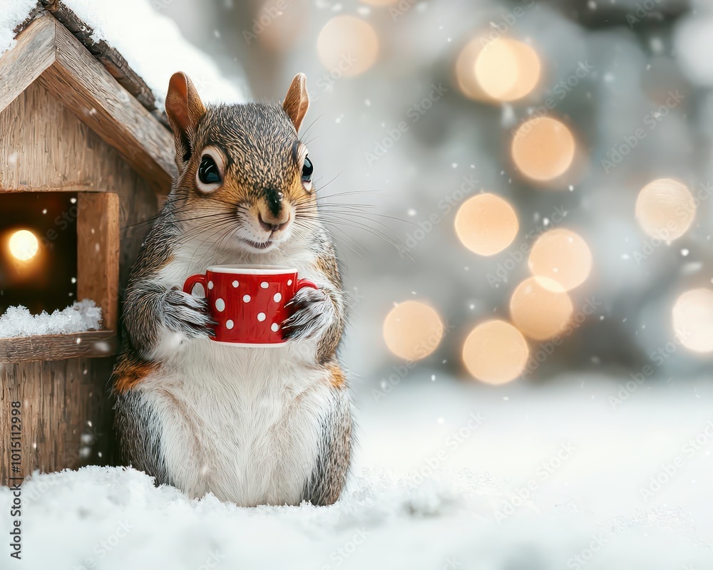 Squirrel barista in a tiny wooden coffee shop, snow-covered trees, warm lights, inviting and cozy winter scene Squirrel barista in a tiny wooden coffee shop, snow-covered trees, warm lights, inviting and cozy winter scene