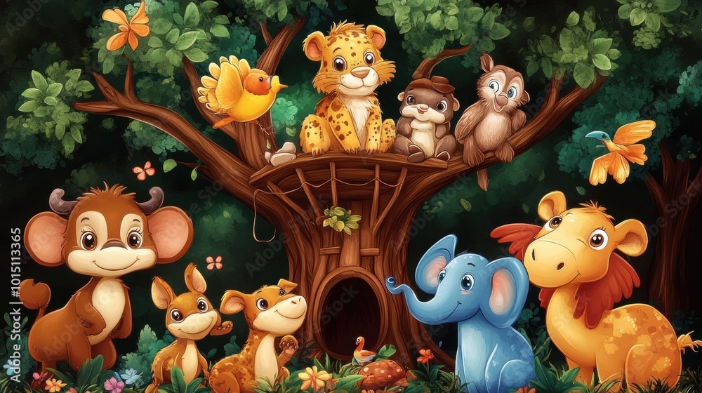 Cute Cartoon Animals in a Colorful Tree Scene Cute Cartoon Animals in a Colorful Tree Scene