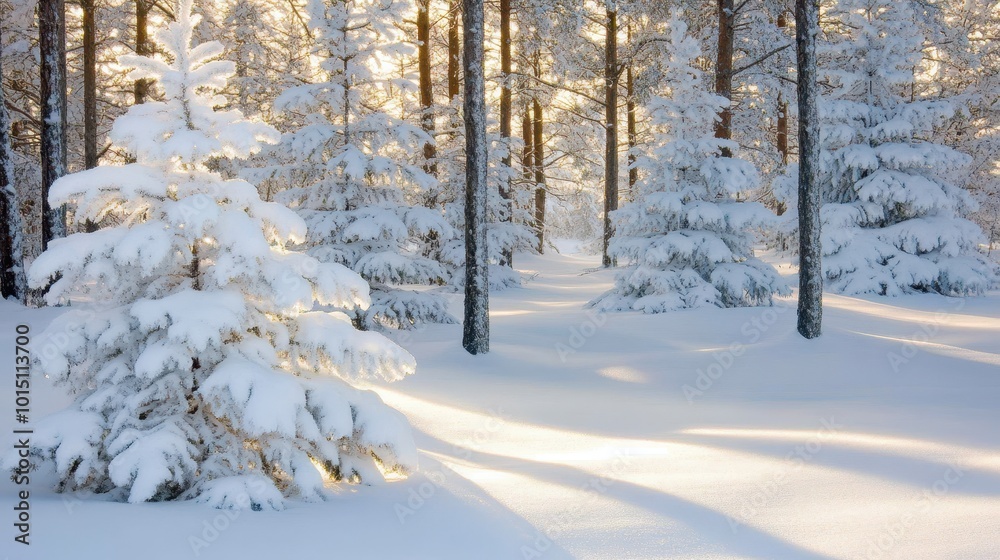 Snowy Morning in Pine Forest with Soft Illumination Snowy Morning in Pine Forest with Soft Illumination