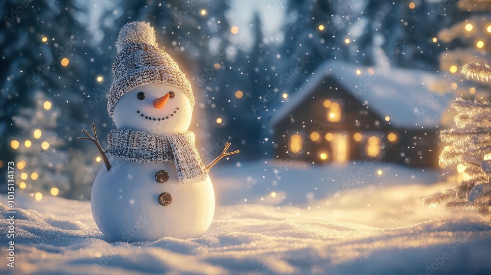 Obraz premium whimsical snowman with charming smile, cozy wool hat and scarf, snowy forest backdrop, twinkling lights and soft snowfall, warm golden glow from distant cabin