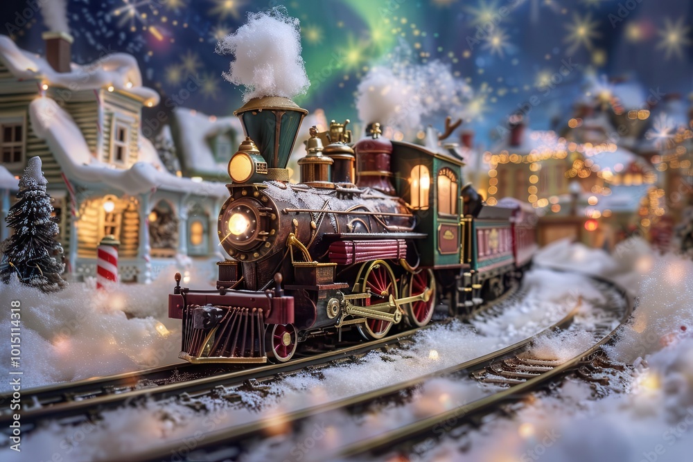 whimsical steampunk christmas train chugging through snowy nordic village, brass gears and candy cane smoke stacks, surrounded by aurora borealis whimsical steampunk christmas train chugging through snowy nordic village, brass gears and candy cane smoke stacks, surrounded by aurora borealis