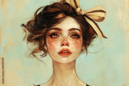 whimsical woman with brown hair and coquette-style bow, expressive portrait illustration