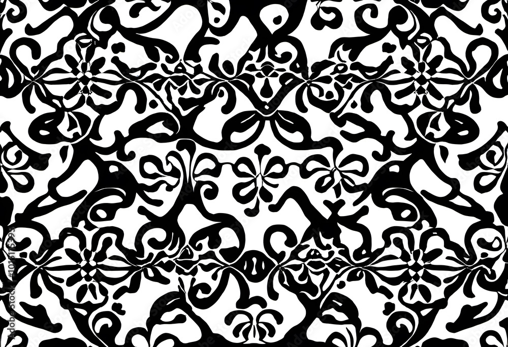 Fototapeta premium Black and white floral pattern with intricate swirls and leaves.