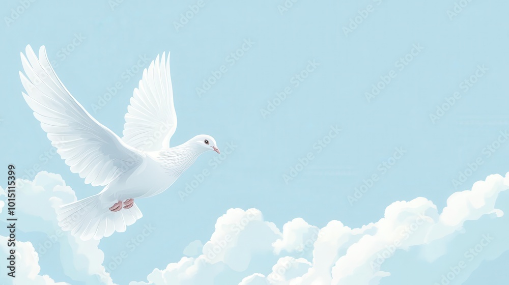 Fototapeta premium white dove flying in sky, funeral background with copy space for text, concept illustration