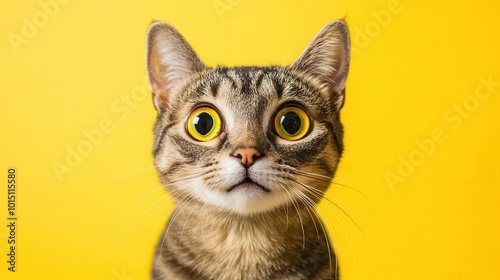 wide-eyed tabby cat with comically surprised expression against vibrant yellow backdrop. extreme close-up captures every whisker and reflects studio lights in dilated pupils.