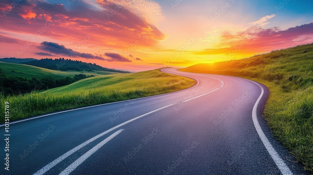 winding empty road vanishing into horizon, dramatic sky ablaze with sunset colors winding empty road vanishing into horizon, dramatic sky ablaze with sunset colors
