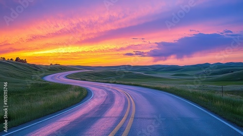 winding empty road vanishing into horizon, dramatic sky ablaze with sunset colors