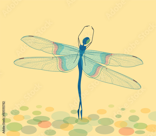Blue dragonfly dances ballet on a yellow background, stylization, vector