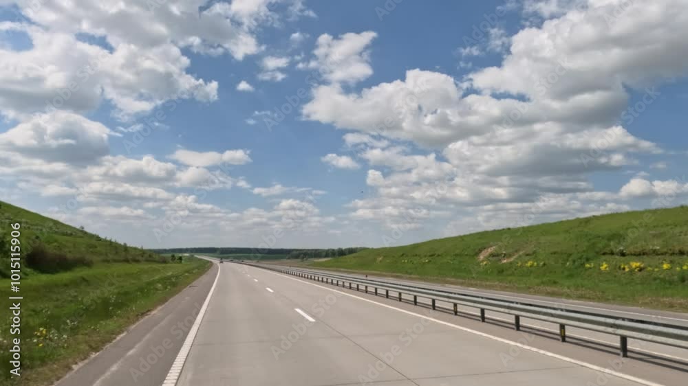 Road view on a summer day. Highways and cars, roadside and white road line markings. Road view on a summer day. Highways and cars, roadside and white road line markings.