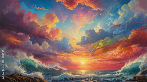 Colorful painting of a sky above an ocean of colors