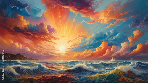 Colorful painting of a sky above an ocean of colors