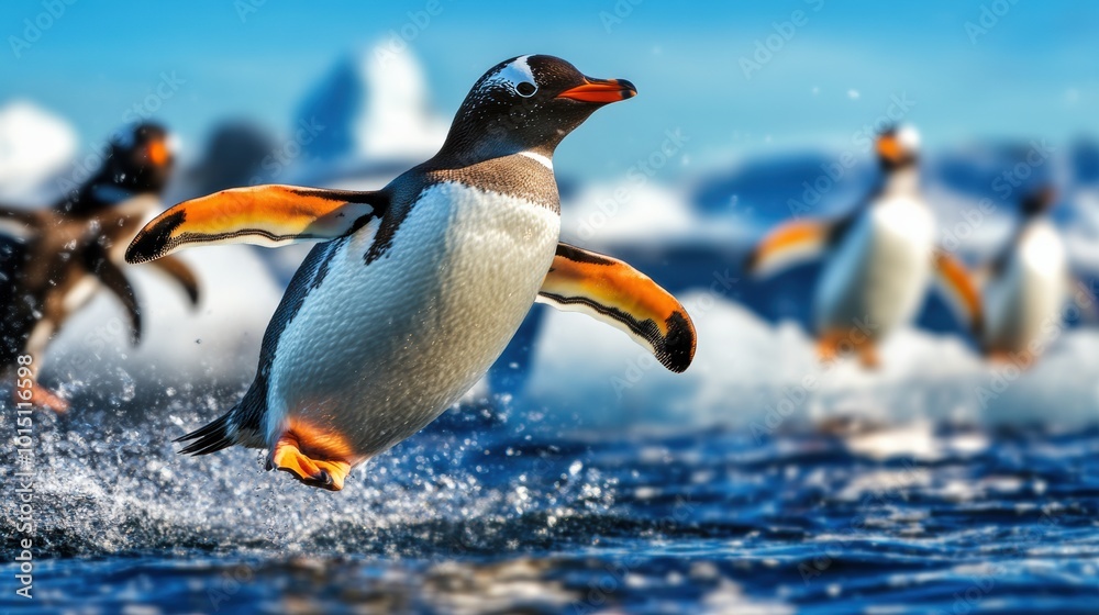 Fototapeta premium Penguin Jumping Through Water in Arctic Environment