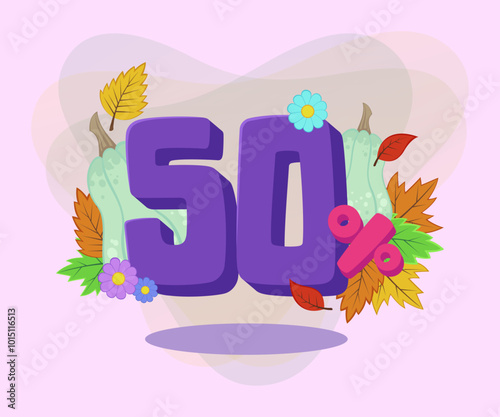 Fifty percent sale discount vector illustration. Pumpkins, autumn leaves and flowers on abstract background. Sale, shopping, bonus, special offer concept. Can be used for poster or banner design