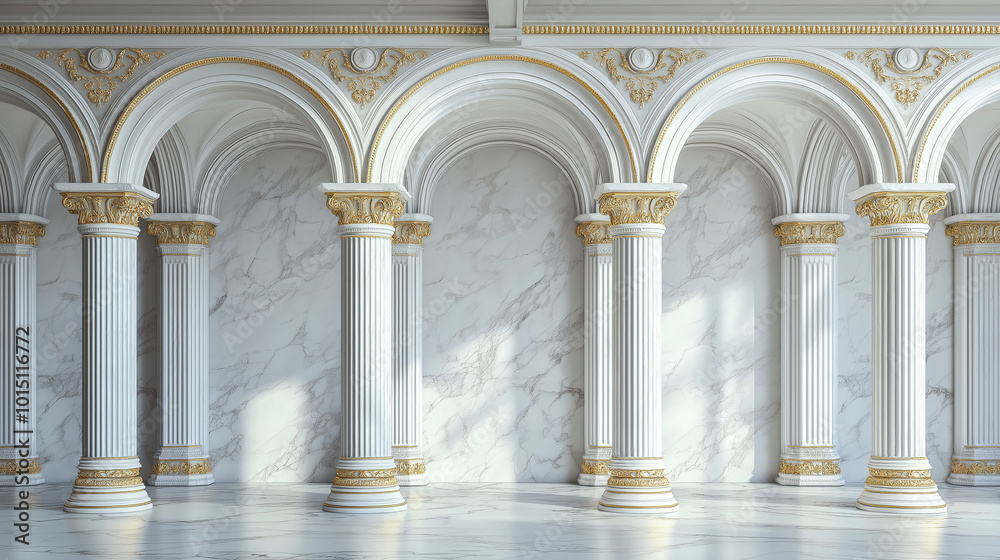 Fototapeta premium Grand marble hall with towering columns and golden decorative accents, bathed in soft natural light, evoking classical elegance and luxury, perfect for themes of architecture, history, and opulence.