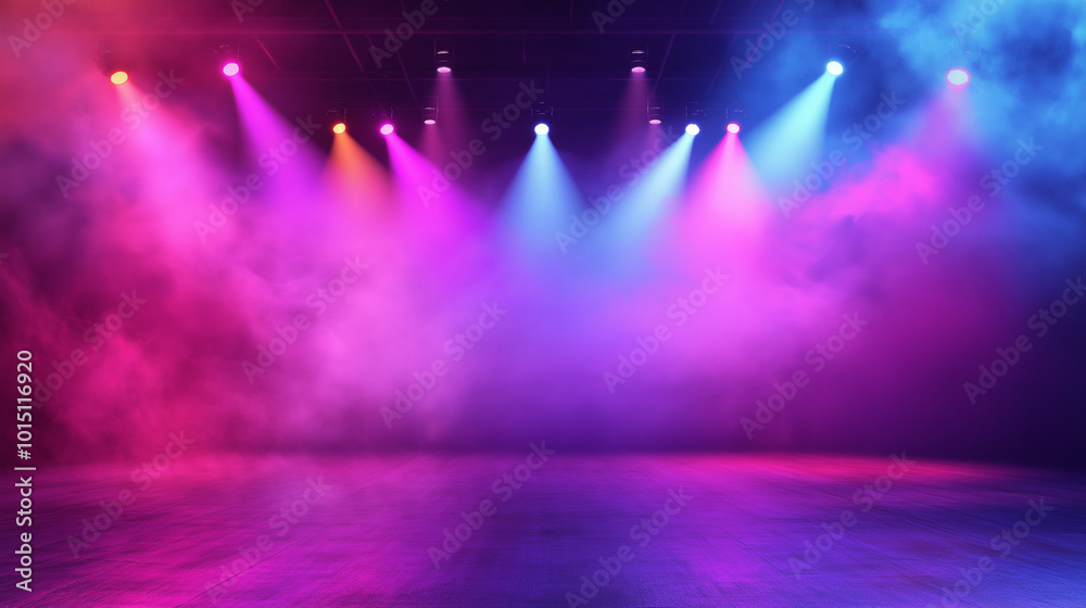 Vibrant stage lights with colorful beams illuminating a fog-filled ...