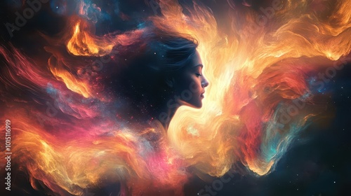 woman's astral form emerges in psychedelic swirls of energy. near-death experience visualized through vibrant colors and ethereal light. cosmic journey of consciousness depicted.