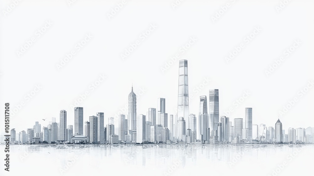 White background, city skyline, vector illustration style, simple lines, high-end aesthetic, light gray and white color scheme, urban architecture White background, city skyline, vector illustration style, simple lines, high-end aesthetic, light gray and white color scheme, urban architecture