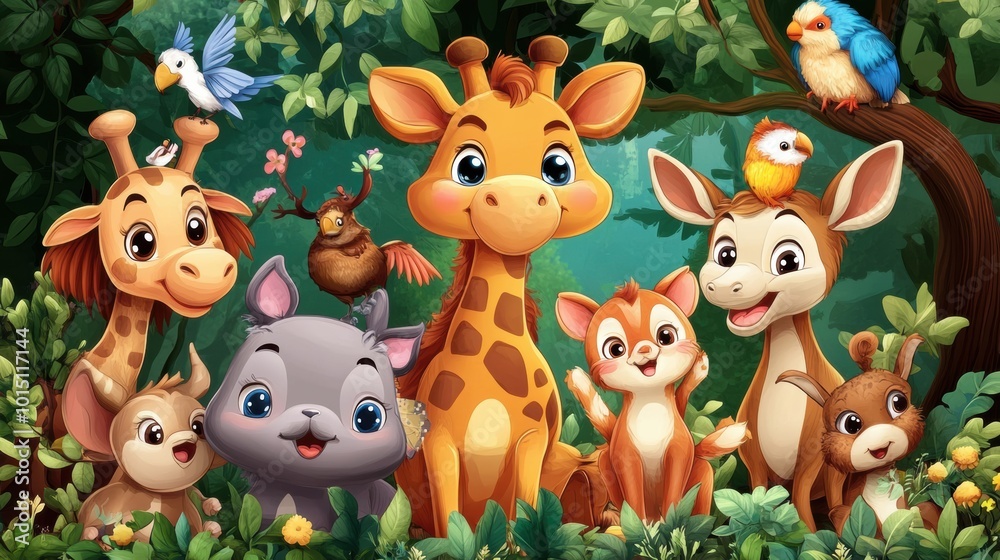 Naklejka premium Colorful Cartoon Animals in Lush Green Jungle Scene