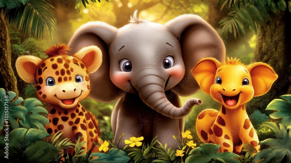 Cute Cartoon Animals in a Lush Jungle Setting Cute Cartoon Animals in a Lush Jungle Setting
