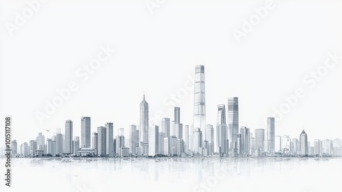 White background, city skyline, vector illustration style, simple lines, high-end aesthetic, light gray and white color scheme, urban architecture