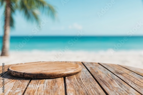 Fototapeta Naklejka Na Ścianę i Meble -  Empty wooden tabletop on blurred beach background for displaying products