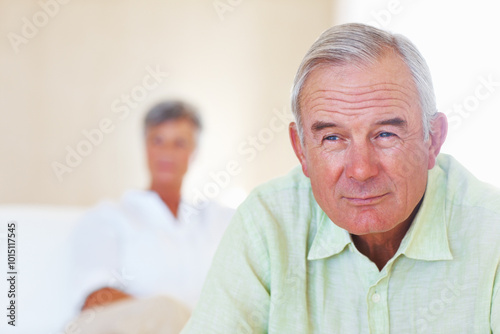 Wallpaper Mural Couch, senior man and thinking after conflict for fight, misunderstanding and upset in lounge. Angry couple, male person and woman on sofa for cheating, affair and husband with divorce ideas at home Torontodigital.ca