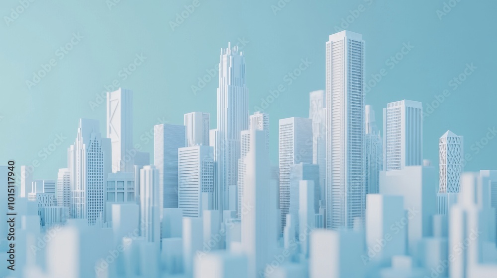 Fototapeta premium White cityscape with skyscrapers on a blue background, 3D rendering