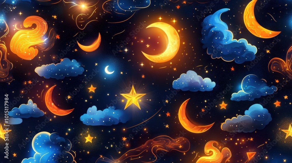 Magical Night Sky with Stars and Moons Magical Night Sky with Stars and Moons