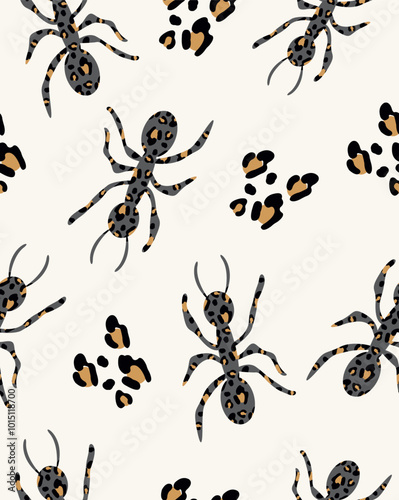 Seamless pattern of leopard ants on a light beige background.