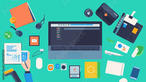 Flat Design Desktop Workspace with Laptop, Office Supplies, and Gadgets - Top View Vector Illustration for Business and Productivity Concepts