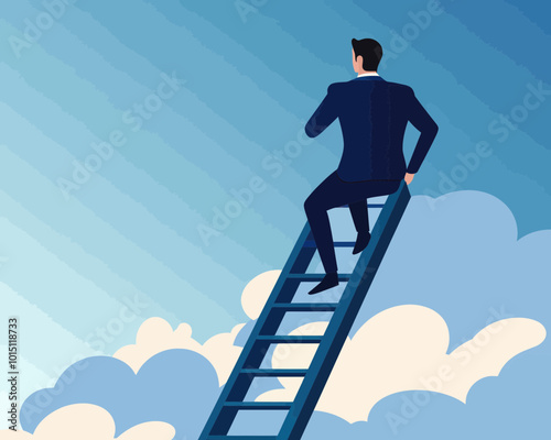 Businessman Climbing Ladder of Success to Achieve Career Goals in Minimalist Style, Visionary Leadership, Inspirational Business Concept