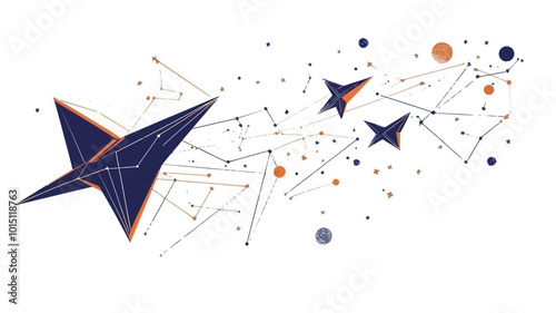 Abstract Origami Aircraft in Starry Space, Futuristic Mash Line and Point Design, Minimalist Vector Business Illustration for Technology and Science Concepts