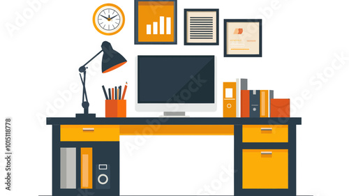 Modern Designer Desk with Office Supplies and Computer Vector Illustration for Workspace, Productivity, and Organization