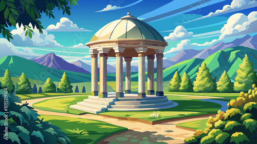 A classical stone gazebo or pavilion with arched columns and a domed roof, surrounded by a lush green landscape with trees, hills, and a blue sky with fluffy clouds