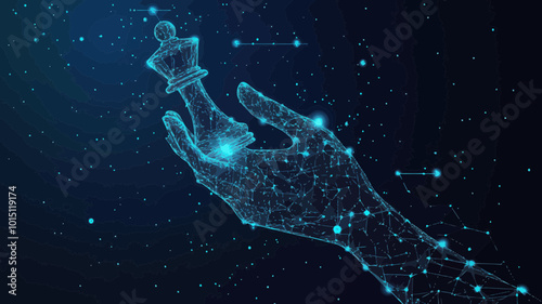 Galactic Strategic Thinking: Digital Hand Holding Chess King in Starry Universe Vector Illustration