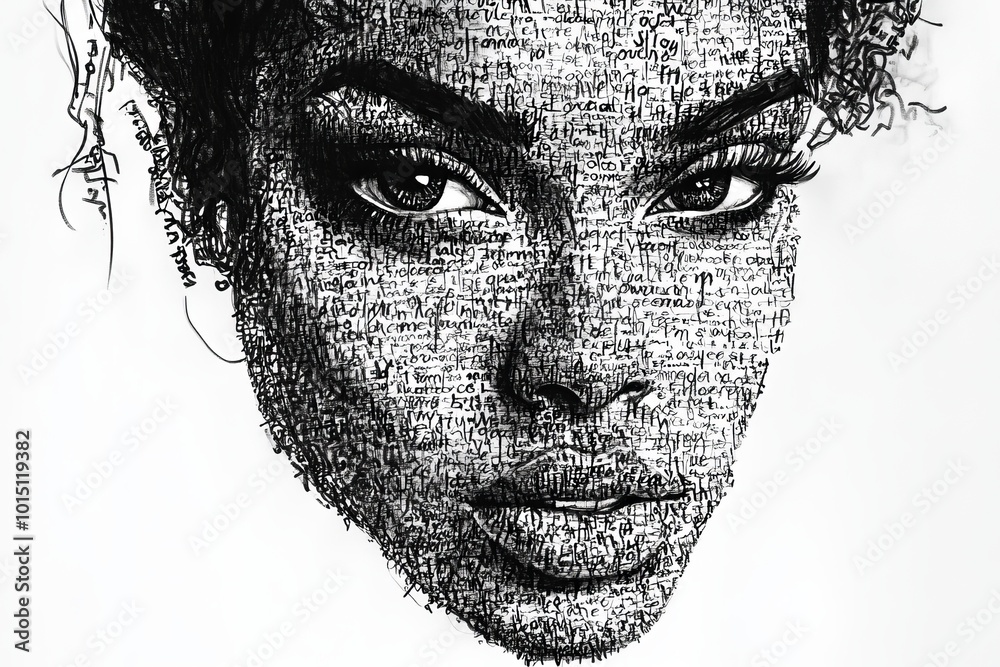 Obraz premium Black and white illustration of a woman's face entirely composed of handwritten words, black ink on white background