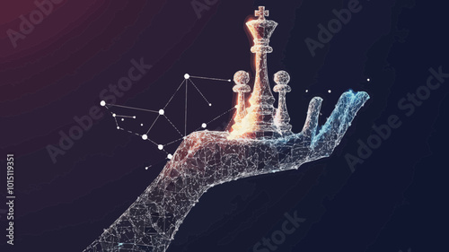 Abstract Polygonal Hand Holding Chess Pawn with Connection Structure, Low Poly Vector Background for Business Strategy Concepts