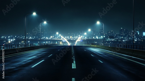 Nighttime Highway with City Lights in the Background. AI generated illustration