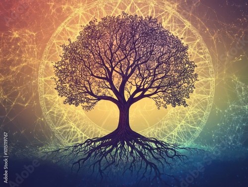 mystical tree of life illustration with intricate root system forming a circular mandala. ethereal lighting and a gradient background create a sense of spiritual depth and interconnectedness. photo