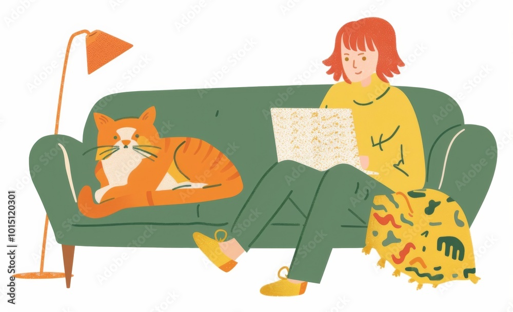 A cozy living room scene featuring a woman sitting on a sofa with her laptop, accompanied by an orange cat peacefully sleeping beside her. A cozy living room scene featuring a woman sitting on a sofa with her laptop, accompanied by an orange cat peacefully sleeping beside her.