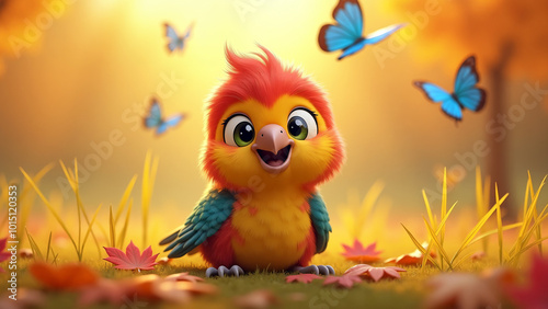 Autumn cute animals - A charming 3D cartoon-style scene featuring an adorable parrot with large, expressive eyes among fallen autumn leaves. Blue butterflies flutter around. Warm magical atmosphere