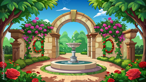 A stone archway with a decorative fountain in the center, surrounded by lush greenery and red roses. The background suggests an outdoor garden or courtyard setting