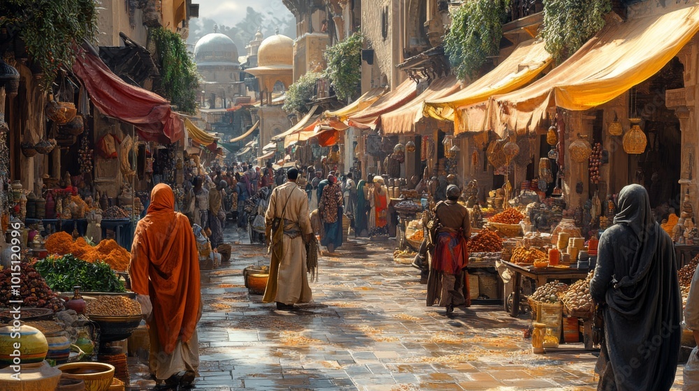 Obraz premium A Bustling Marketplace in a Fictional Middle Eastern City