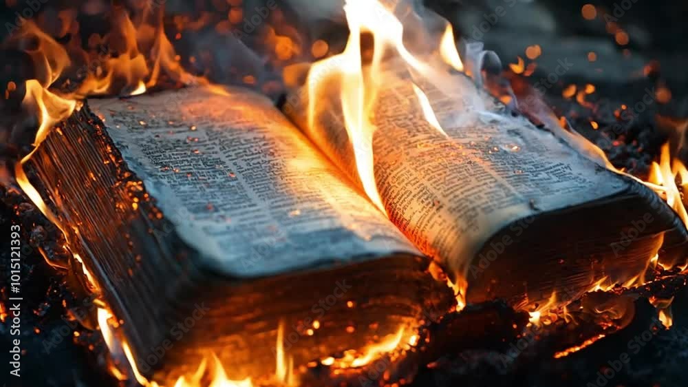 Bible on fire. Holy bible on fire. Religious book. Destruction of ...